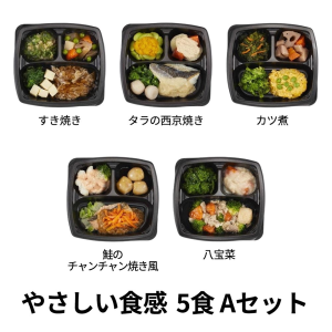 エフアールフーズ そよ風のやさしい食感5食 Aセット (カツ煮、タラの西京焼き、八宝菜など、全5種)