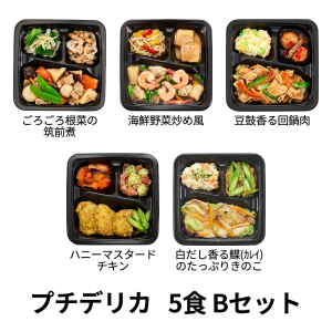 食のそよ風 プチデリカ5食 Bセット (ごろごろ根菜の筑前煮、海鮮野菜炒め風、ハニーマスタードチキンなど、全5種)