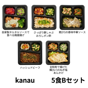 食のそよ風 kanau5食 Bセット (さっぱり豚しゃぶおろしポン酢、タラの香味中華ソース、ハッシュドビーフなど、全5種）