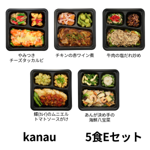食のそよ風 kanau5食 Eセット (チキンの赤ワイン煮、牛肉の塩だれ炒め、カレイのムニエルトマトソースがけなど、全5種）