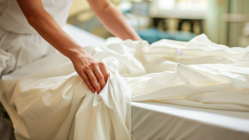 ベッドを掃除する人