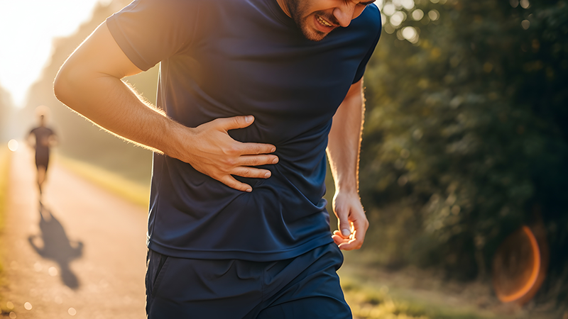 ランニング中にお腹を抑える男性