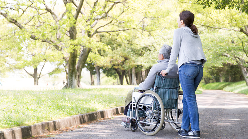 介護イメージ　車椅子シニアとヘルパー後姿