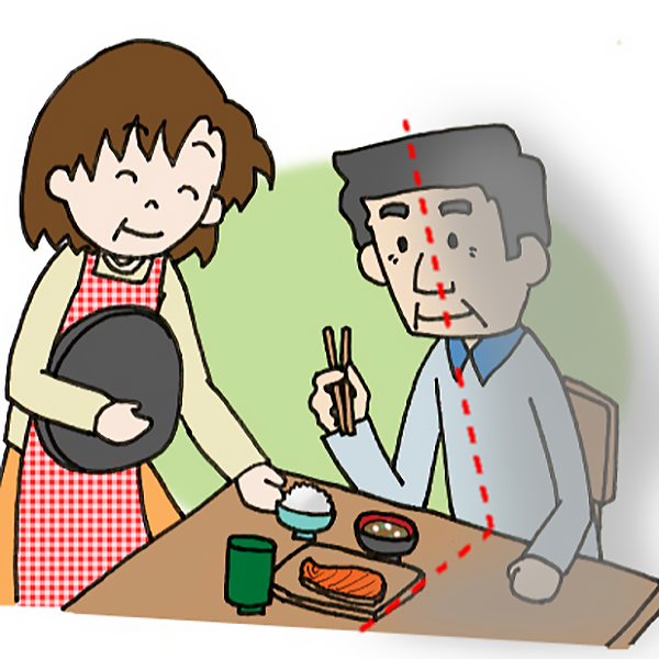 脳卒中の後遺症のため食事が取りづらい、高齢者男性のイラスト