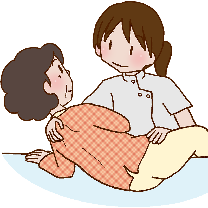 半身麻痺があるため、起き上がりを介助してもらう高齢者女性のイラスト