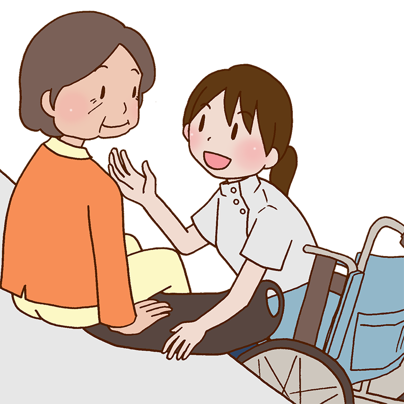 高次脳機能障害のため車椅子の移乗介助を受ける高齢者女性のイラスト