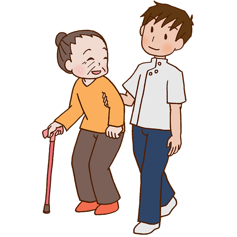 理学療法士に歩行を介助してもらう高齢者女性のイラスト