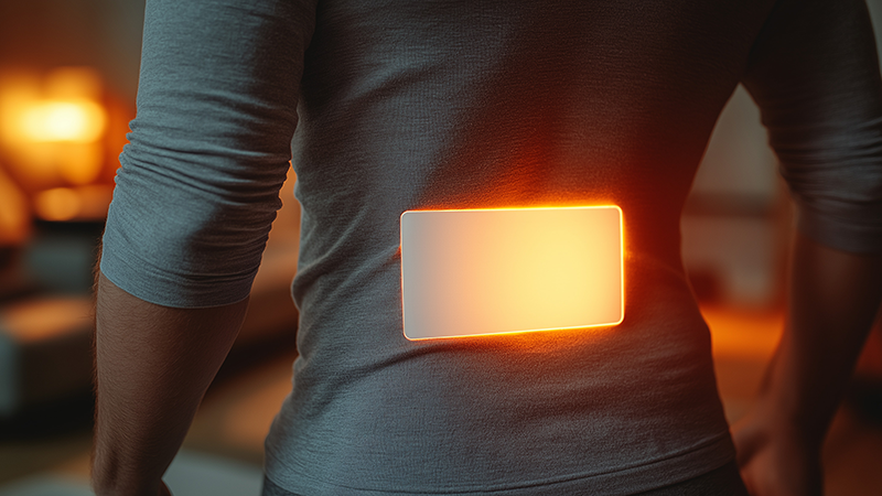 腰にカイロを張る男性